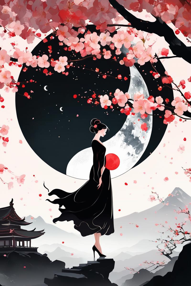 04134-76324975-a woman with a black dress and a cherry blossom tree in front of a full moon with pink flowers,_moon,full_moon,cherry_blossoms,1.png